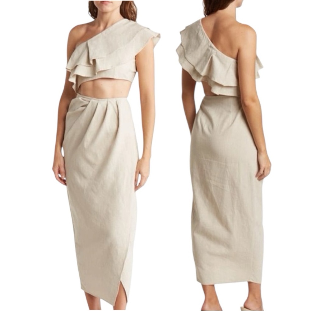 BONHEUR D’AMOUR One-Shoulder Ruffle Cutout Midi Dress - Picture 2 of 7
